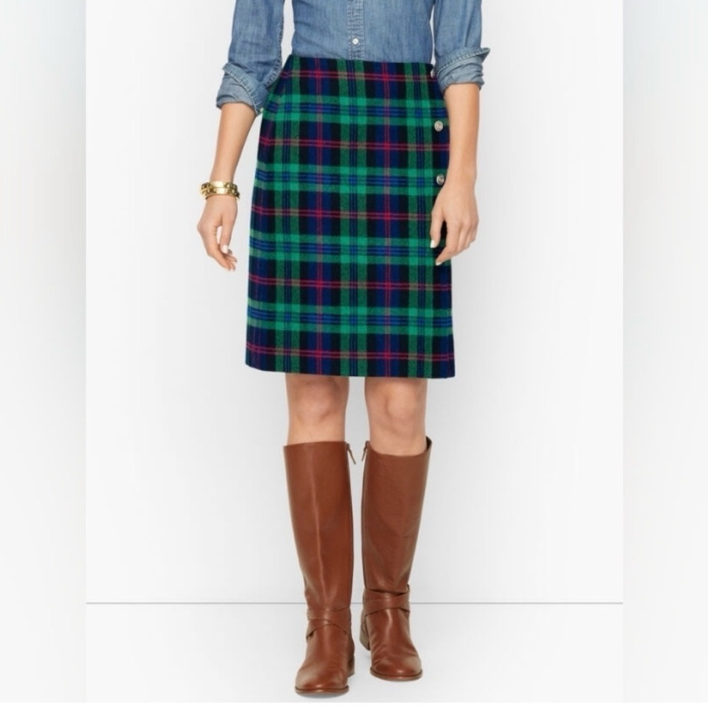 Talbots Green & Blue Tartan Plaid Pencil Skirt Wool Blend Sz 14